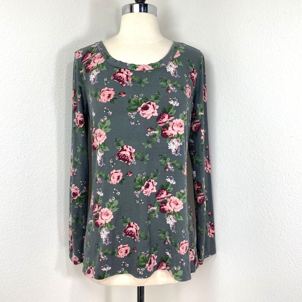 Rue 21 Gray Pink Rose Tunic Top  XL Soft Long Sleeves Whimsy Fairy Goth Boho